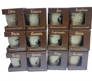 FE.TAZAS BLANCAS DECORADAS SIGNOS ZODIACO E/CAJA JARROS MUG VIDRIO